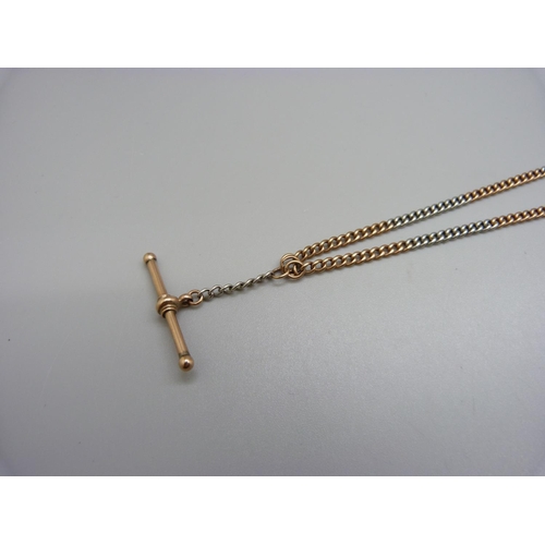 992 - A 9ct two colour gold Albert chain/necklace with T-bar, 19.2g, 39cm