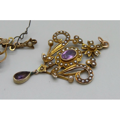 996 - A yellow metal Art Nouveau pendant set with seed pearls and amethysts and one other a/f, (both with ... 