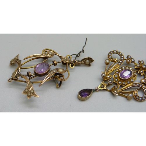 996 - A yellow metal Art Nouveau pendant set with seed pearls and amethysts and one other a/f, (both with ... 