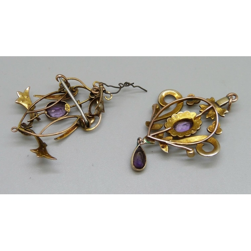 996 - A yellow metal Art Nouveau pendant set with seed pearls and amethysts and one other a/f, (both with ... 