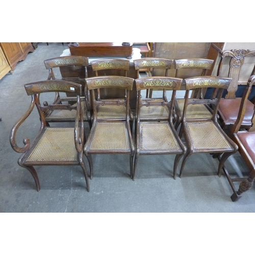 121 - A set of eight Regency rosewood and brass inlaid chairs, a/f