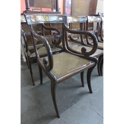 121 - A set of eight Regency rosewood and brass inlaid chairs, a/f