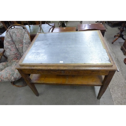 196 - An early 20th Century pine, beech and aluminium topped drapers table, stamped Stephenson Blake & Co.... 