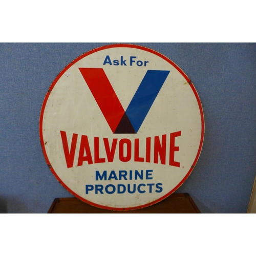 272 - A metal double sided circular Valvoline Marine products advertising sign