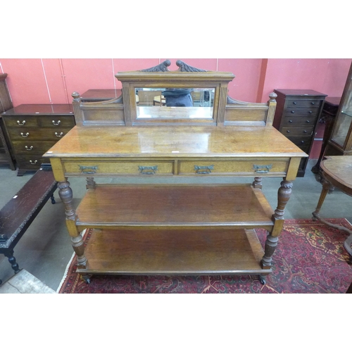 87 - A Victorian Aesthetic Movement pollard oak three tier buffet sideboard, manner of Lamb, Manchester