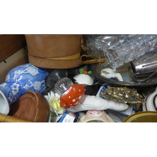 2135 - Box of household items including carriage clock, vases, ornaments and selection of pictures