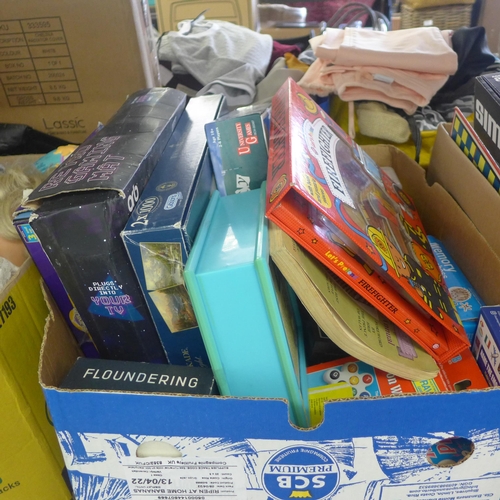 2145 - 3 boxes of toys including rackets, board games and a bag of soft toys, some TY, some vintage and old... 