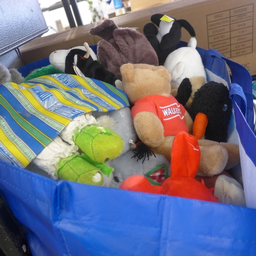 2145 - 3 boxes of toys including rackets, board games and a bag of soft toys, some TY, some vintage and old... 