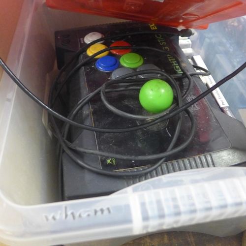 2161 - Gaming job lot: XBox consoles, PS consoles, PS2 XBox and WII games, controllers, gamer guns, headpho... 