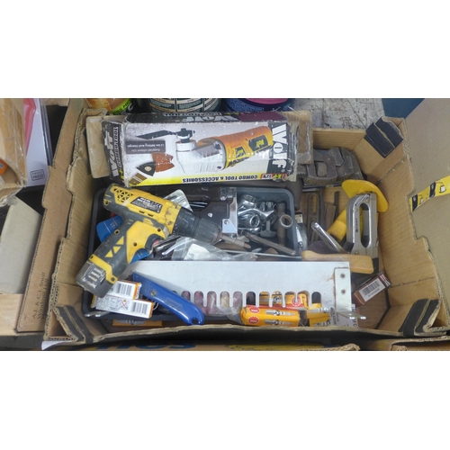 2016 - Box of misc. hand tools with tub of car parts