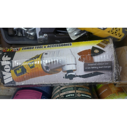 2016 - Box of misc. hand tools with tub of car parts