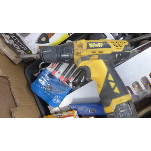 2016 - Box of misc. hand tools with tub of car parts