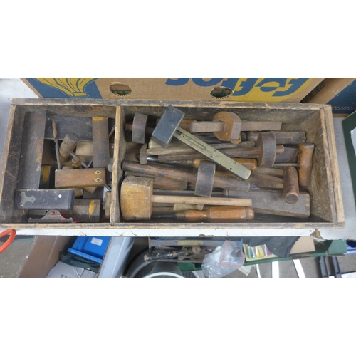 2017 - 2 Boxes of woodworking tools inc. T-squares, drill bits, saw, etc.