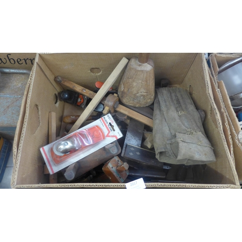 2017 - 2 Boxes of woodworking tools inc. T-squares, drill bits, saw, etc.