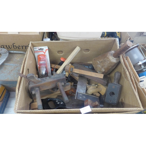 2017 - 2 Boxes of woodworking tools inc. T-squares, drill bits, saw, etc.