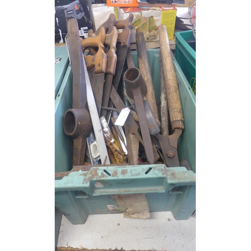 2034 - 3 Boxes of mixed hand tools inc. files, saws, shears, drill bits, hammers, etc.