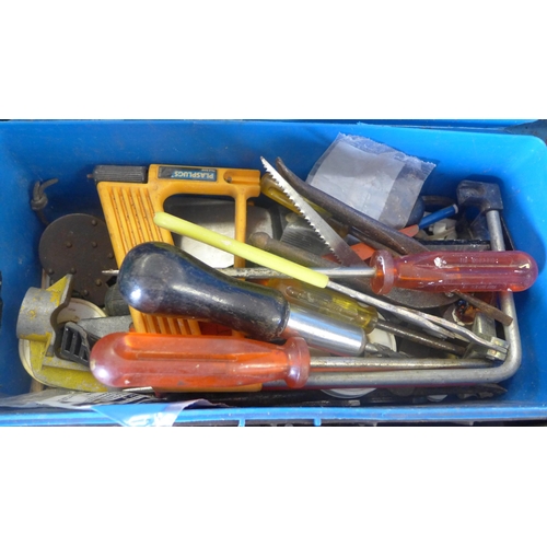 2036 - 2 Tool boxes of tools with tray of ironmongery