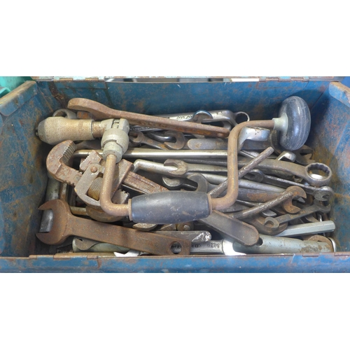 2036 - 2 Tool boxes of tools with tray of ironmongery