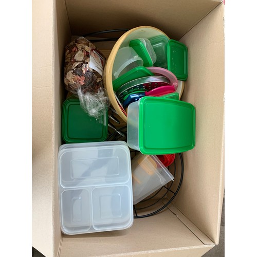 2167 - Five boxes of general household items; glasses, cookware, Kilner jars, etc.