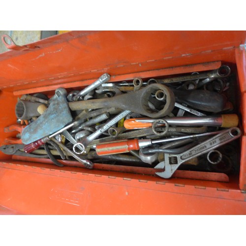 2012 - Red metal tool box of mainly spanners with a small metal tool box