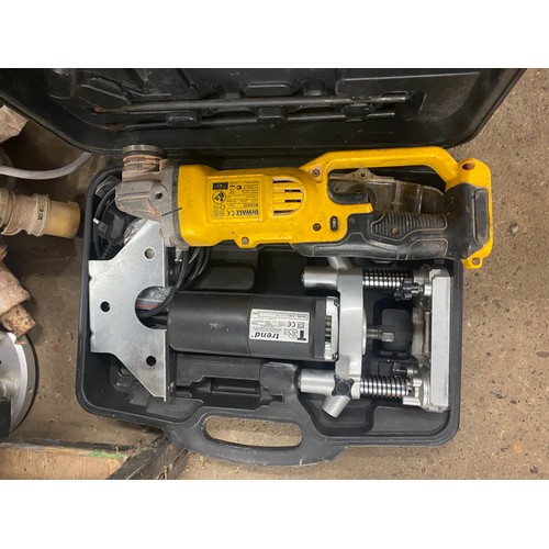 2082 - Power tool job lot; Evolution chop saw, Erbauer router, 110v plaster mixer, trend router, DeWalt cor... 