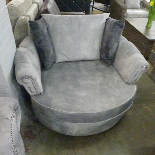 1405 - A Gracie cloud grey velvet and studded three seater and two seater sofa with swivel love seat * this... 