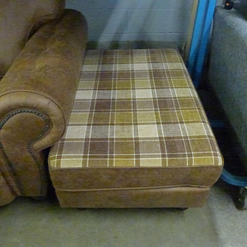 1420 - A County tan upholstered three seater sofa and love seat with tartan footstool * this lot is subject... 