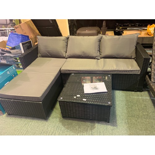 3208 - 3 Piece Black Rattan Corner Sofa Set with Grey Cushions and Glass Topped Coffee Table