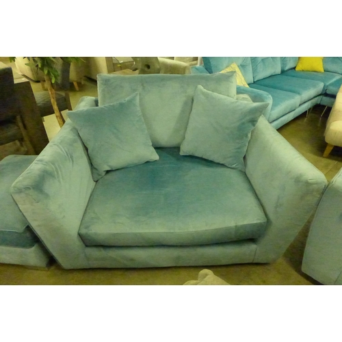 1360 - A pair of sky blue velvet love seats and ottoman footstools