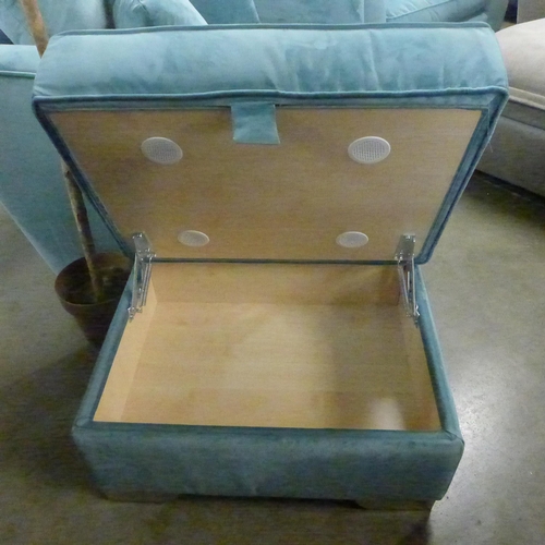 1360 - A pair of sky blue velvet love seats and ottoman footstools