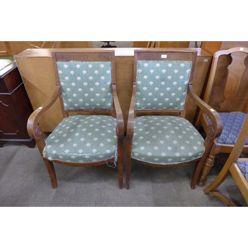 597 - A pair of 19th Century French mahogany and fabric upholstered fauteuil armchairs