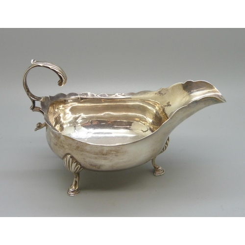 1299 - A silver sauceboat, Peter, Ann and William Bateman, London 1802, 103g, (a/f, small splits on the rim... 