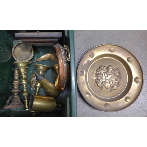 1020 - A box of brass and copper, shot flask, pair of embossed plates, etc. **PLEASE NOTE THIS LOT IS NOT E... 