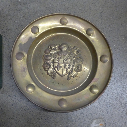 1020 - A box of brass and copper, shot flask, pair of embossed plates, etc. **PLEASE NOTE THIS LOT IS NOT E... 