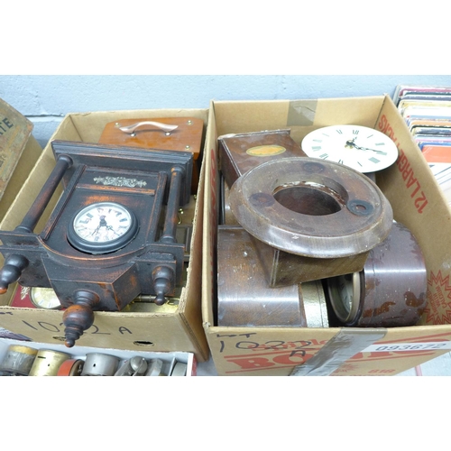 1022A - Five boxes of clocks, clock parts and mechanisms **PLEASE NOTE THIS LOT IS NOT ELIGIBLE FOR POSTING ... 