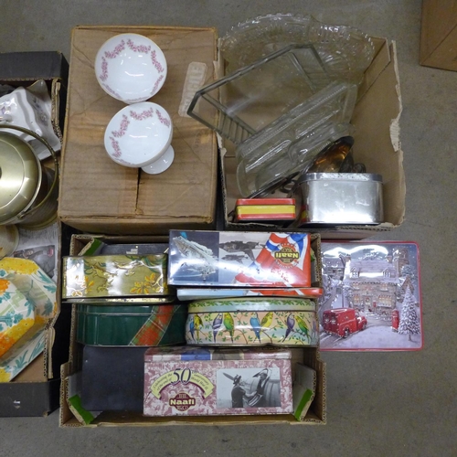 1030 - Two Naafi Tea tins other tins, brass biscuit barrel, wooden biscuit barrel and other china including... 