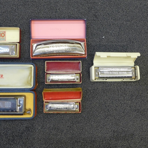 748 - A quantity of twelve Hohner harmonicas including pocket, Puck and miniature