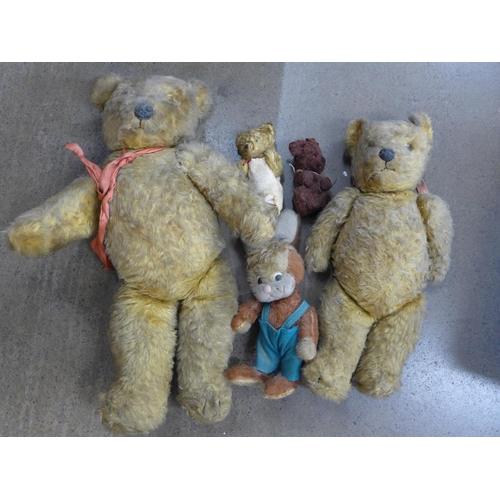 780 - Five mid-20th Century Teddy bears and one rabbit