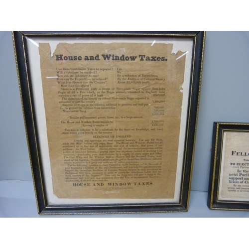 803 - Two framed political newspaper clippings, 18th/19th Century, House and Window Taxes and Abolition of... 