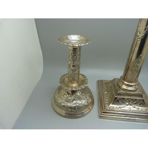 838 - A pair of hallmarked silver candlesticks, London 1901, 14.5cm, and a single plated candlestick