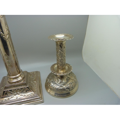 838 - A pair of hallmarked silver candlesticks, London 1901, 14.5cm, and a single plated candlestick