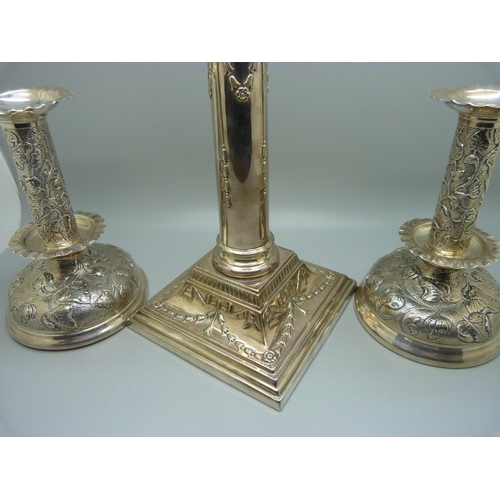 838 - A pair of hallmarked silver candlesticks, London 1901, 14.5cm, and a single plated candlestick