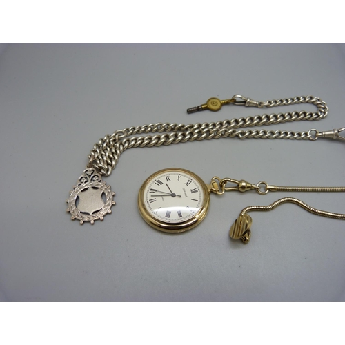 879 - A silver pocket watch, Graves, Sheffield and a silver double Albert chain and fob, 54g, 41cm, and a ... 