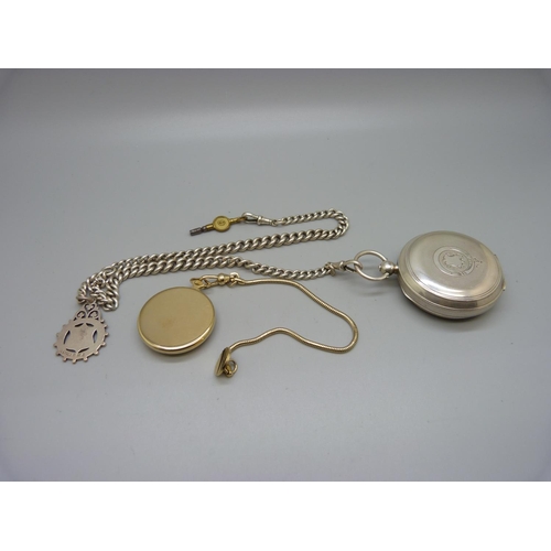 879 - A silver pocket watch, Graves, Sheffield and a silver double Albert chain and fob, 54g, 41cm, and a ... 