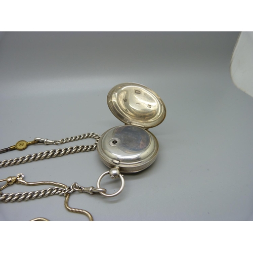 879 - A silver pocket watch, Graves, Sheffield and a silver double Albert chain and fob, 54g, 41cm, and a ... 