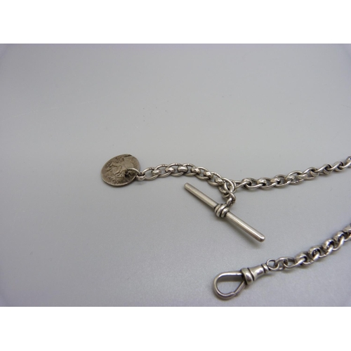 924 - A silver Albert watch chain and coin fob, Birmingham 1896, 27g, 32cm to the T-bar