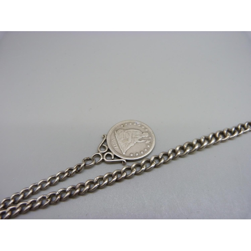 926 - A silver Albert watch chain, Birmingham 1925, with 1877 US ¼ dollar coin fob, 28g, 26cm to the T-bar