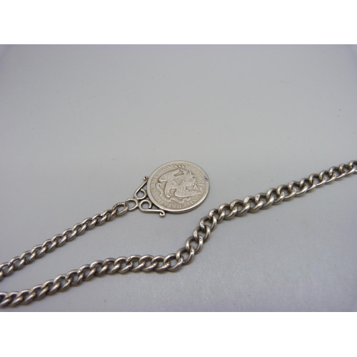 926 - A silver Albert watch chain, Birmingham 1925, with 1877 US ¼ dollar coin fob, 28g, 26cm to the T-bar