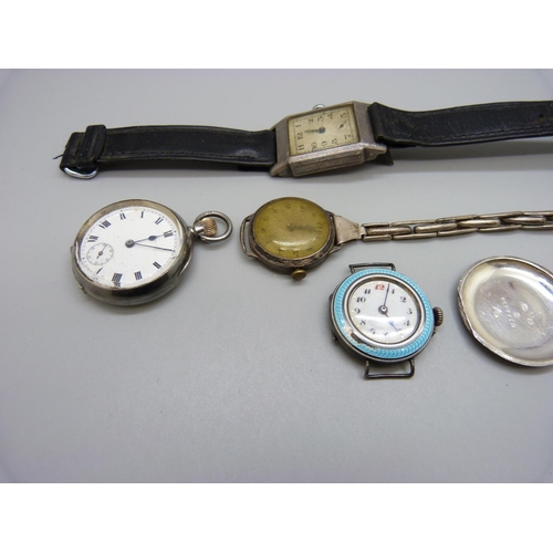 940 - A silver cased wristwatch lacking minute hand, 24mm case, two other silver wristwatches and an Omega... 