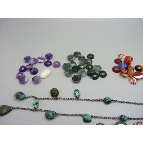 948 - A collection of unmounted agate stones, a jadeite bracelet and a turquoise necklace